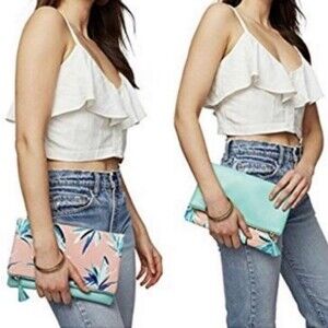 Rachel Pally Vegan Leather-Trimmed Reversible Floral Clutch Mint Green & Pink